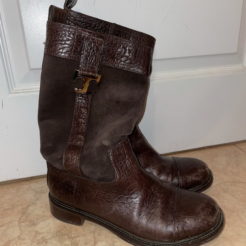 tory burch brown leather mid-calf suede boots